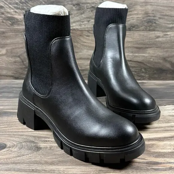 NEW Steve Madden 9.5M Hutch Stretch Lug Sole Chelsea Boots Black Faux Leather - Picture 5 of 10
